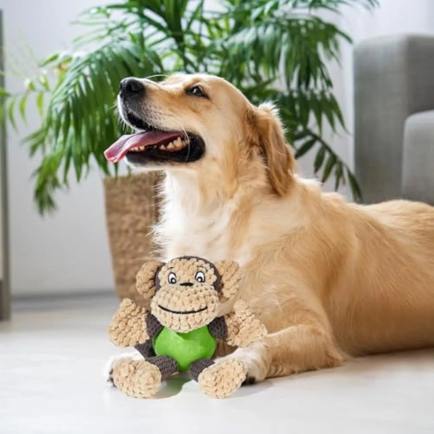 Cartoon monkey plush dog toy with four legs and two ears for small medium dogs