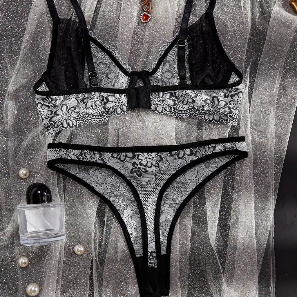 Women's black and white floral embroidered polyester three-point underwear suit set