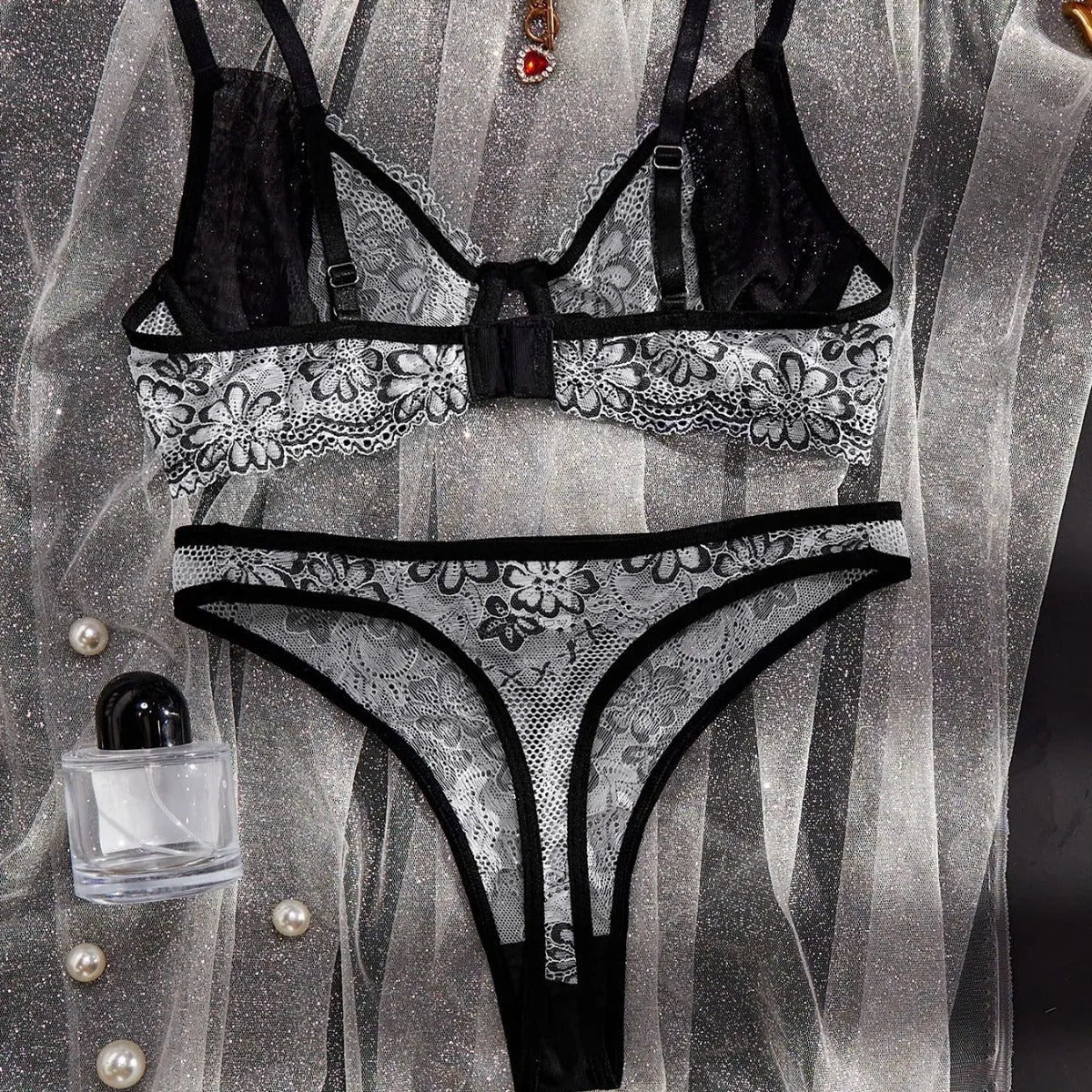 Women's black and white floral embroidered polyester three-point underwear suit set
