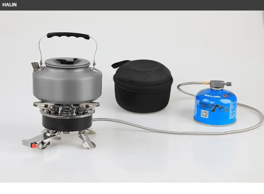 Silver portable stainless steel split camping stove shown with its 100cm fuel hose, folded to 155mm by 125mm.