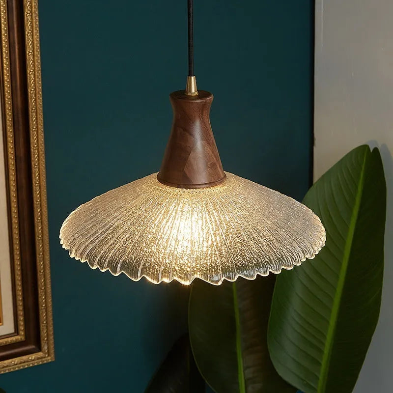 Retro-style wooden body and glass shade brass chandelier ceiling lamp