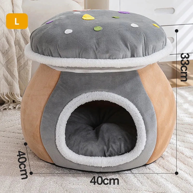 Grey plush mushroom-shaped cat bed with a detachable blanket inside a pet cage.
