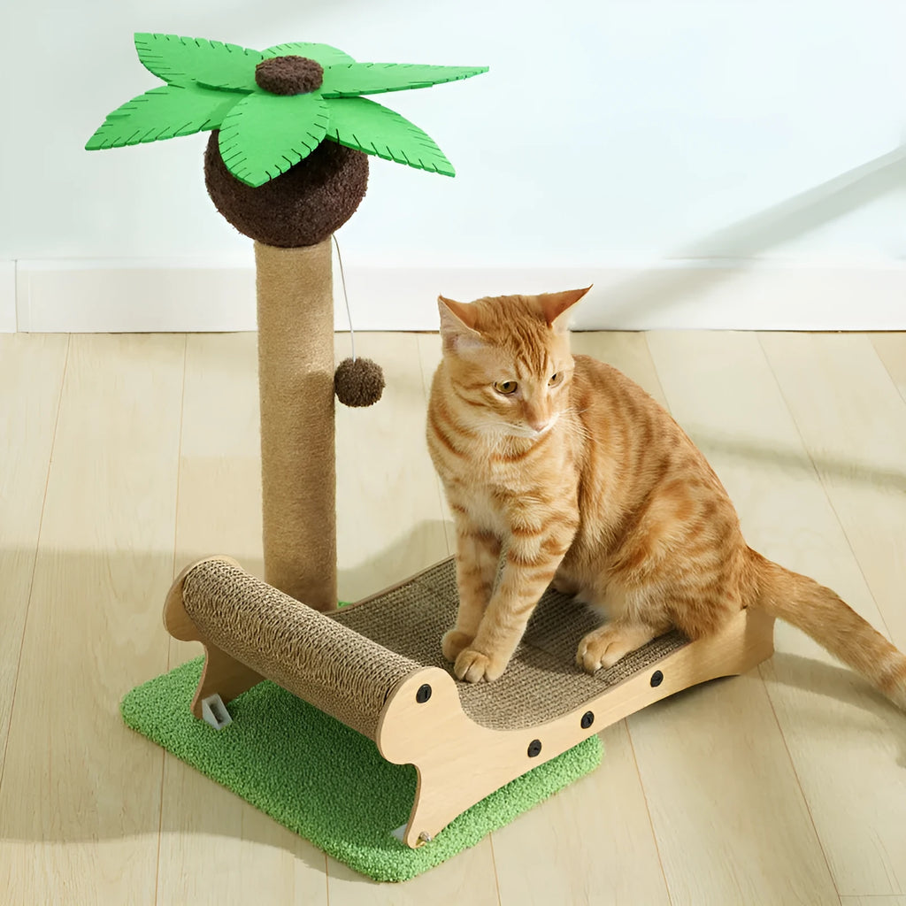 Wooden beach chair-shaped cat climbing frame with a scratch board and integrated nest.