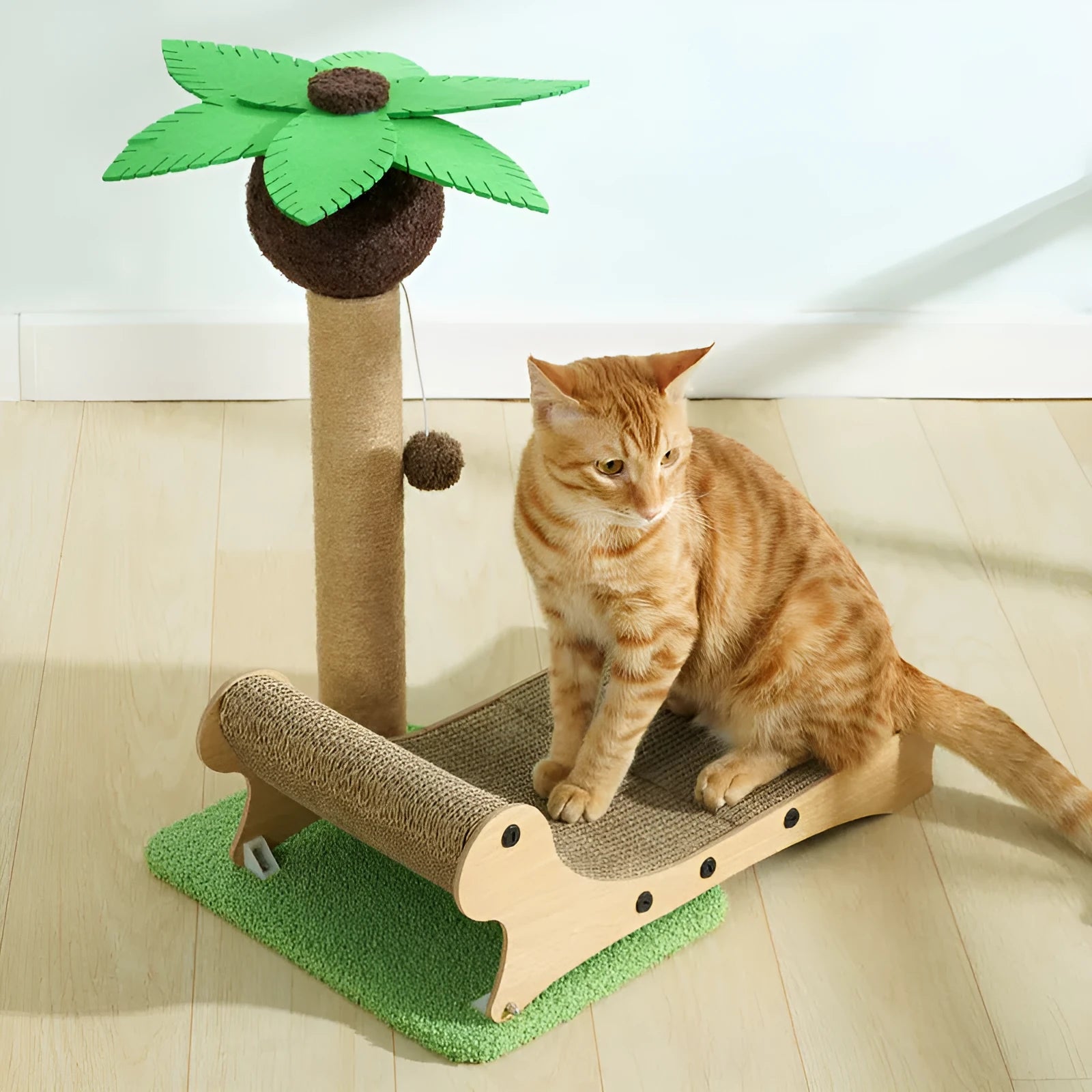 Wooden beach chair-shaped cat climbing frame with a scratch board and integrated nest.
