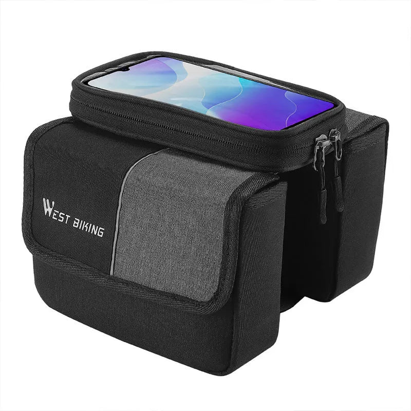 Black and grey Oxford cloth saddle bag with bilateral tube touch screen access and 2L capacity