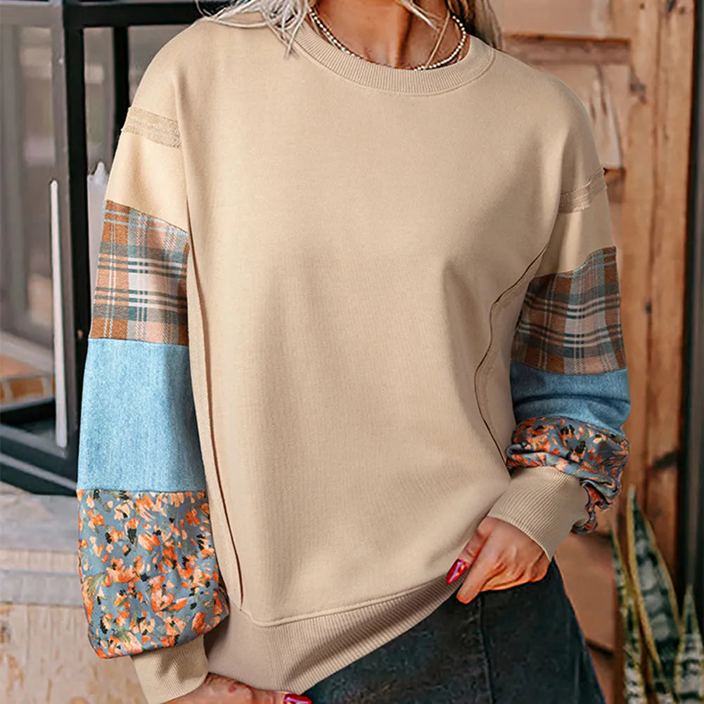 Women's long-sleeved polyester pullover top with plaid stitching pattern in loose fit