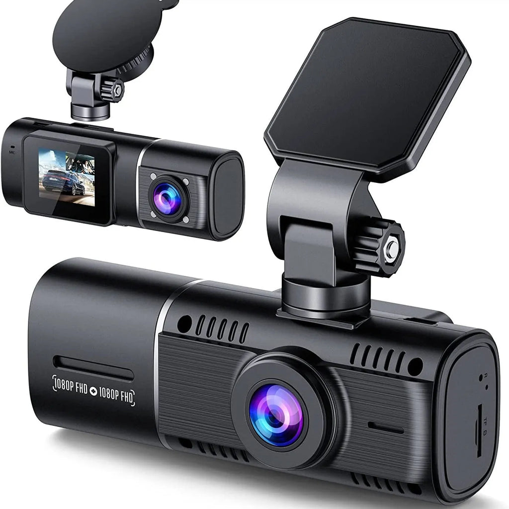 Standard black 1080p dashcam car camera with screen, shown with car charger and stand.