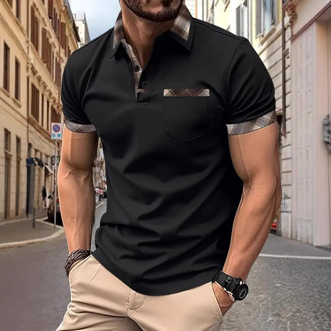 Men's loose fit plaid colourblock t-shirt with short sleeves and zipper decorations in multiple colour options