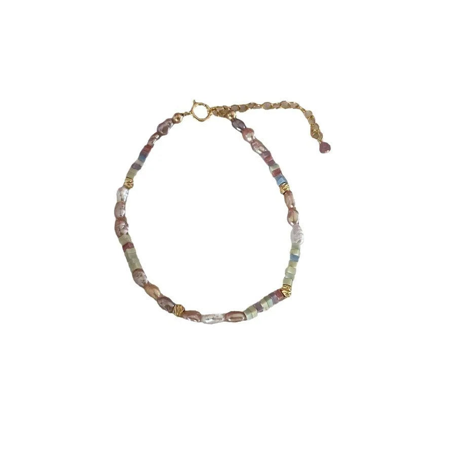 14K gilded purple women's bracelet and necklace set with irregular natural pearls