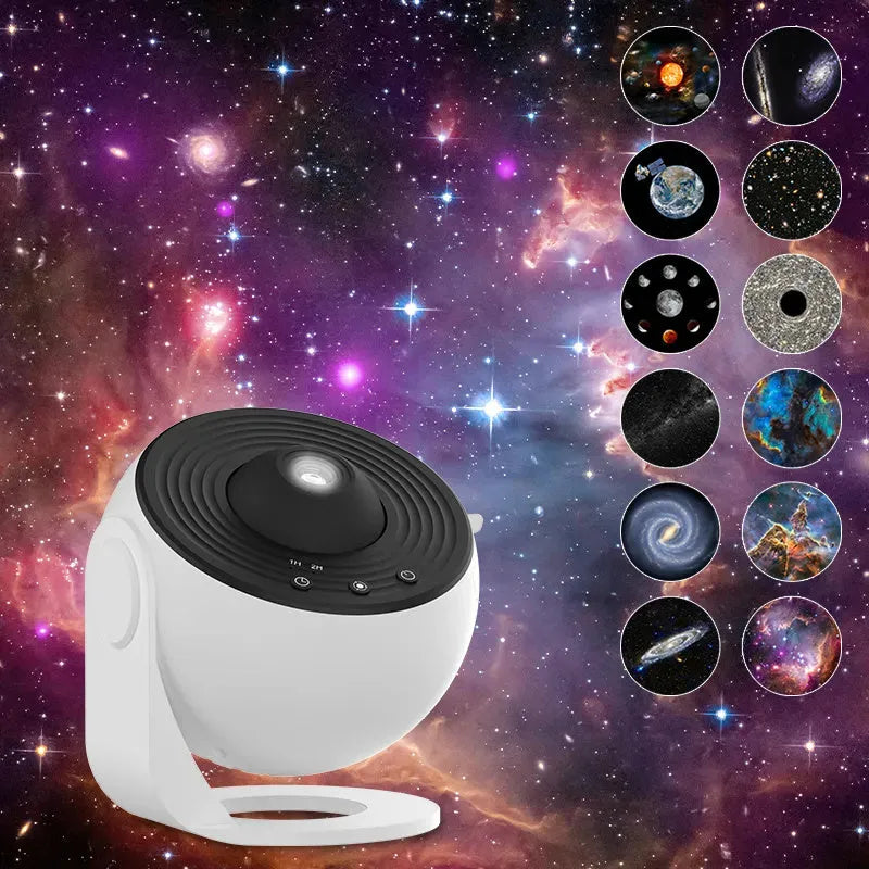 Black and white galaxy projector night light with 360-degree rotation, showing a starry sky film projection on a ceiling