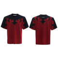 Men's grey cotton T-shirt with a 3D stitched flower and rhinestone design, showing drop-shoulder short sleeves.
