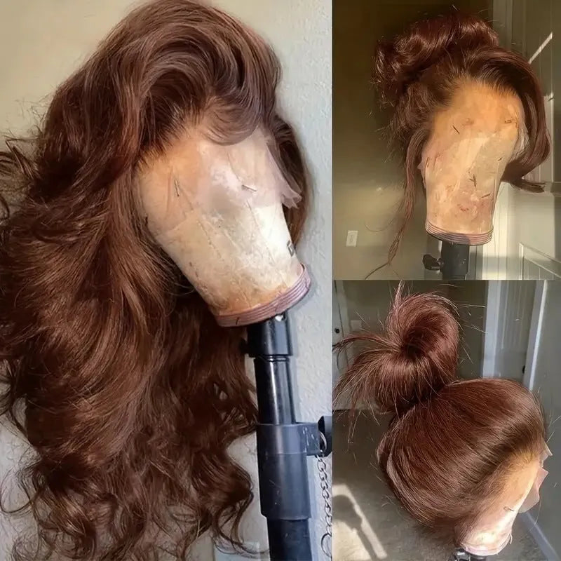 Dark brown front lace wig with long curly hair and side bangs in European fashion style