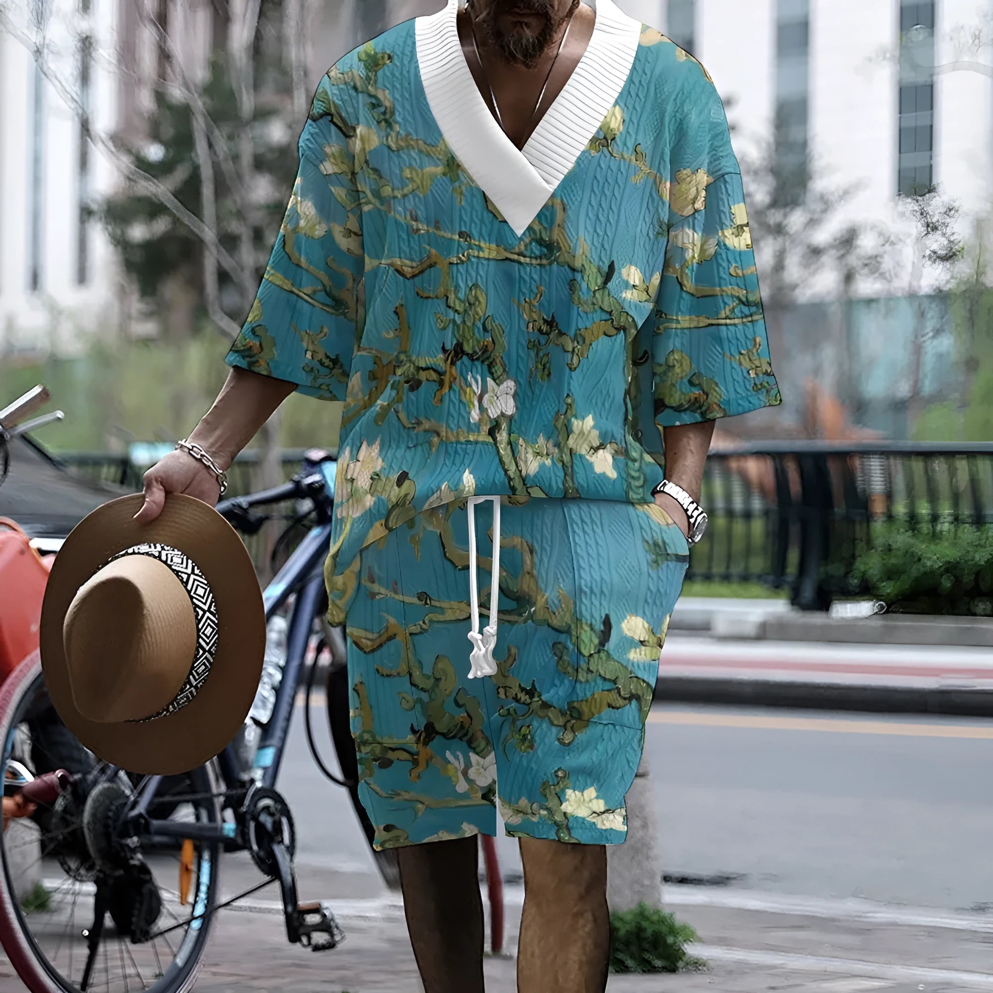 3D printed casual knitted shorts suit in peacock blue with T-shirt jacket and mid-length trousers