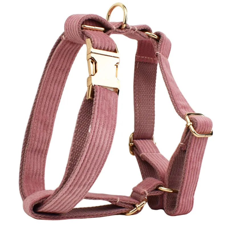 Red corduroy dog collar and matching traction rope set with vest, bow, and poop bag accessories