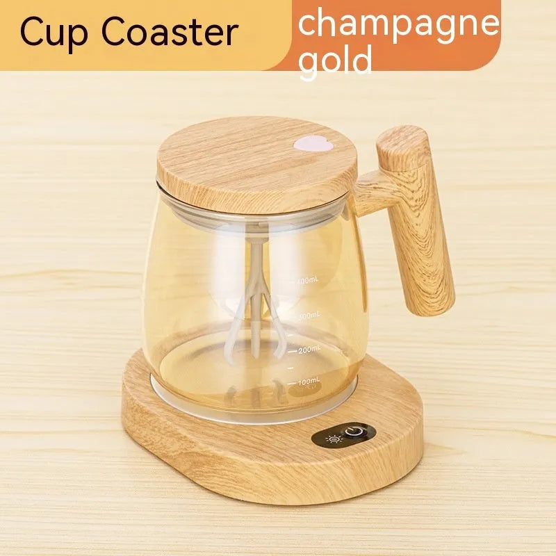 Clear borosilicate glass self-stirring coffee mug with electric base, 400ml capacity.