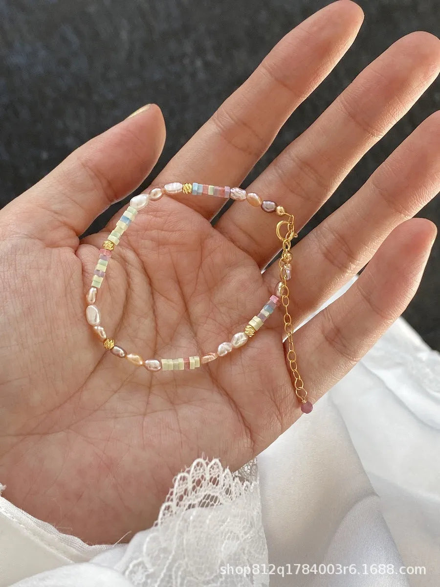 14K gilded purple women's bracelet and necklace set with irregular natural pearls