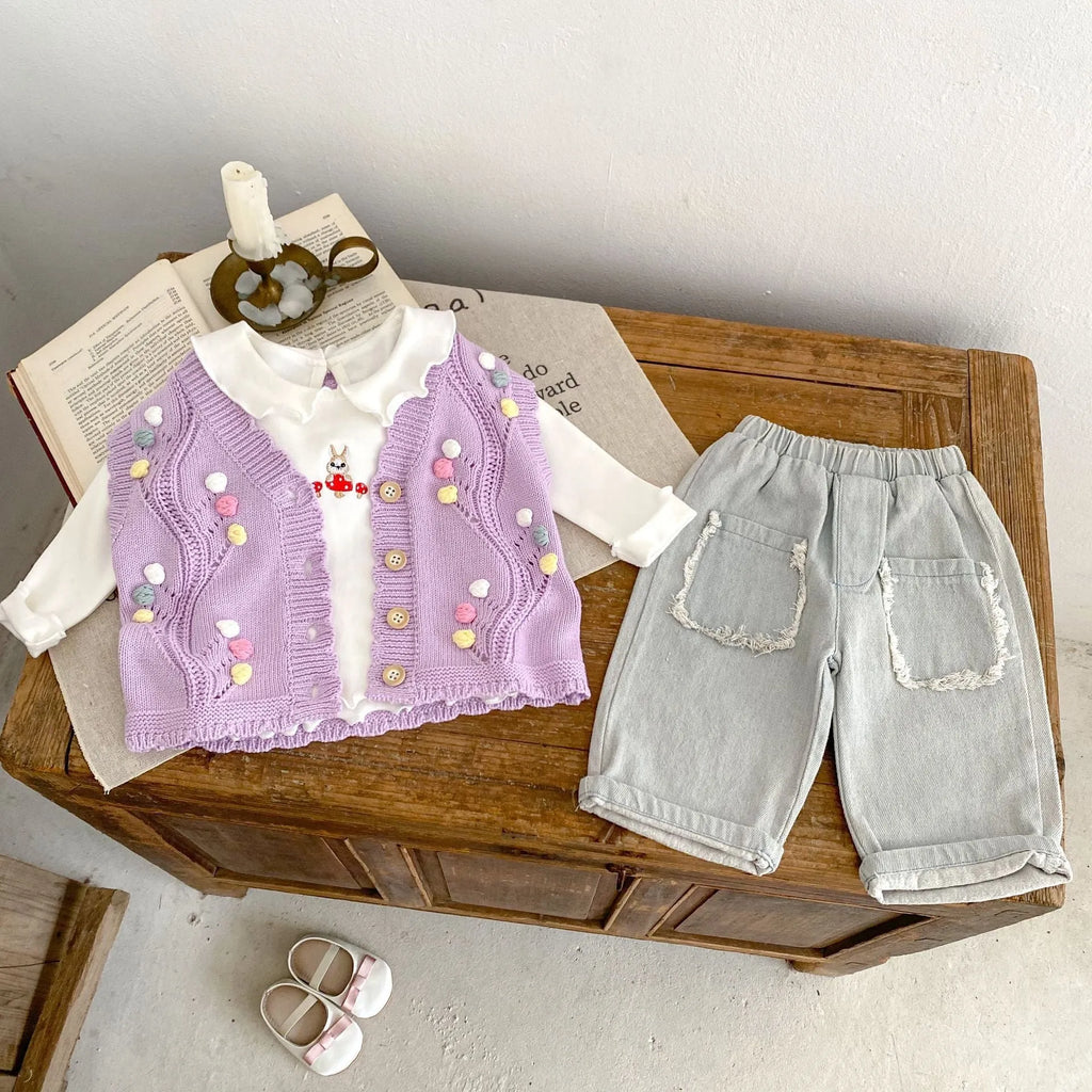 Cute purple dot children's knitted cotton vest sleeveless casual top for toddlers 73cm size