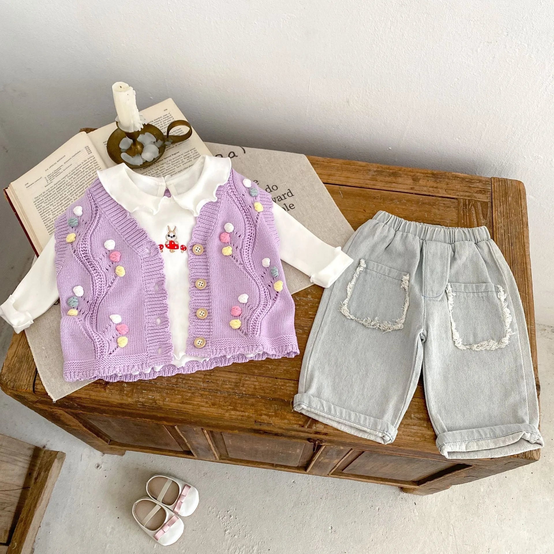 Cute purple dot children's knitted cotton vest sleeveless casual top for toddlers 73cm size