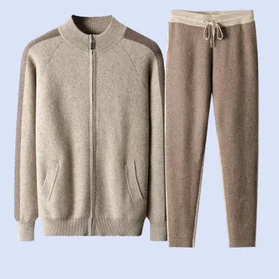 Men's camel cashmere blend half turtleneck zip cardigan and matching trousers sports suit