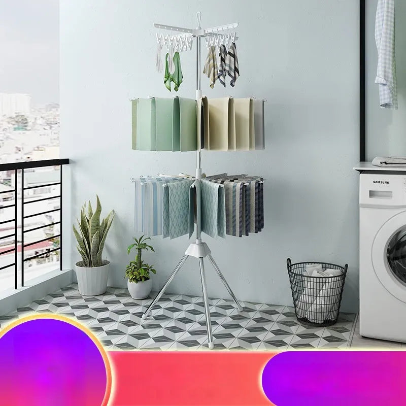 Mobile three-layer stainless steel drying rack with sock rack, tie rack, and clothes hanger