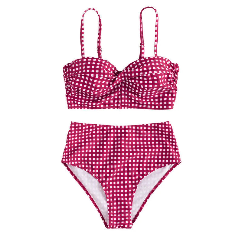 Women's plaid bikini swimsuit set with high-waist briefs in multiple colour options