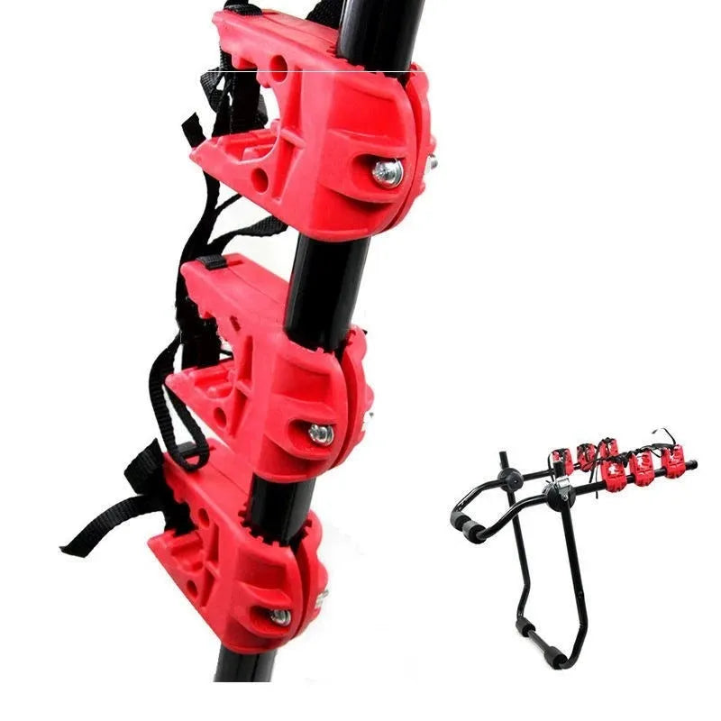 Black and red trunk mounted car bike holder rack with iron frame and sponge padding.