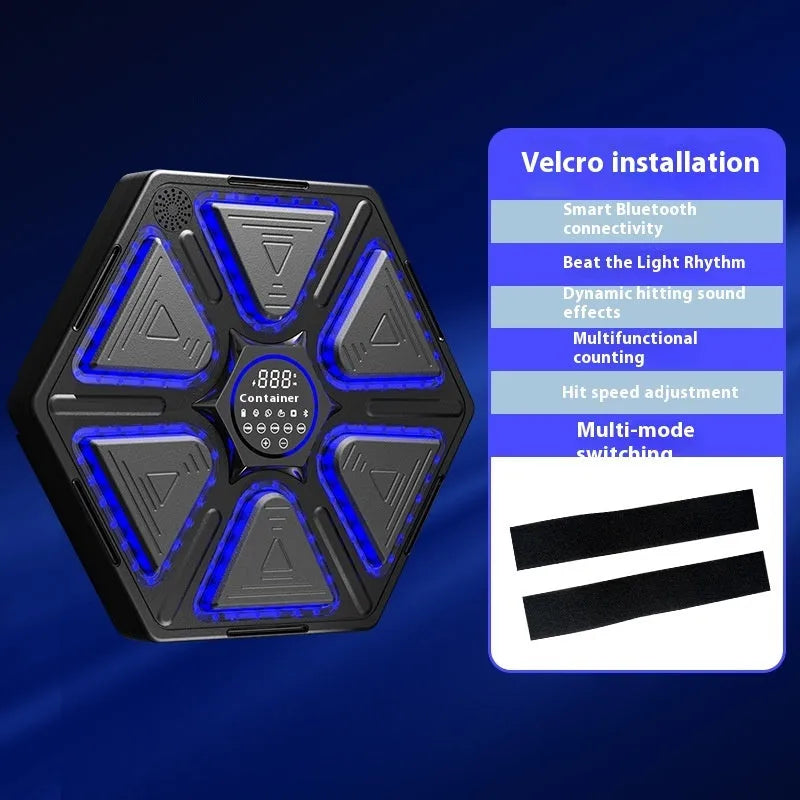 Electronic boxing wall target with music rhythm system showing dimensions and installation options