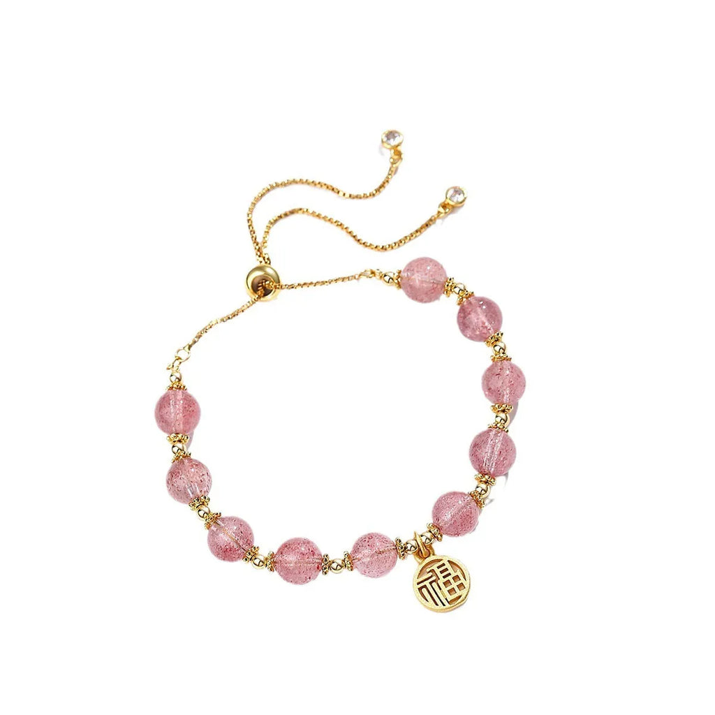 Strawberry quartz crystal bracelet with geometric shapes and fu charm for women