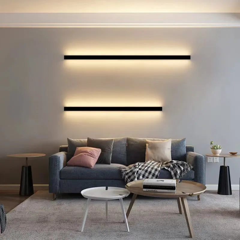 80cm long black aluminium LED wall lamp with a linear strip design and touch colour control.