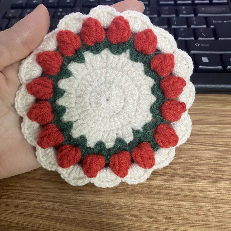 Handmade crochet woven flower coaster in cotton and linen yarn with floral design