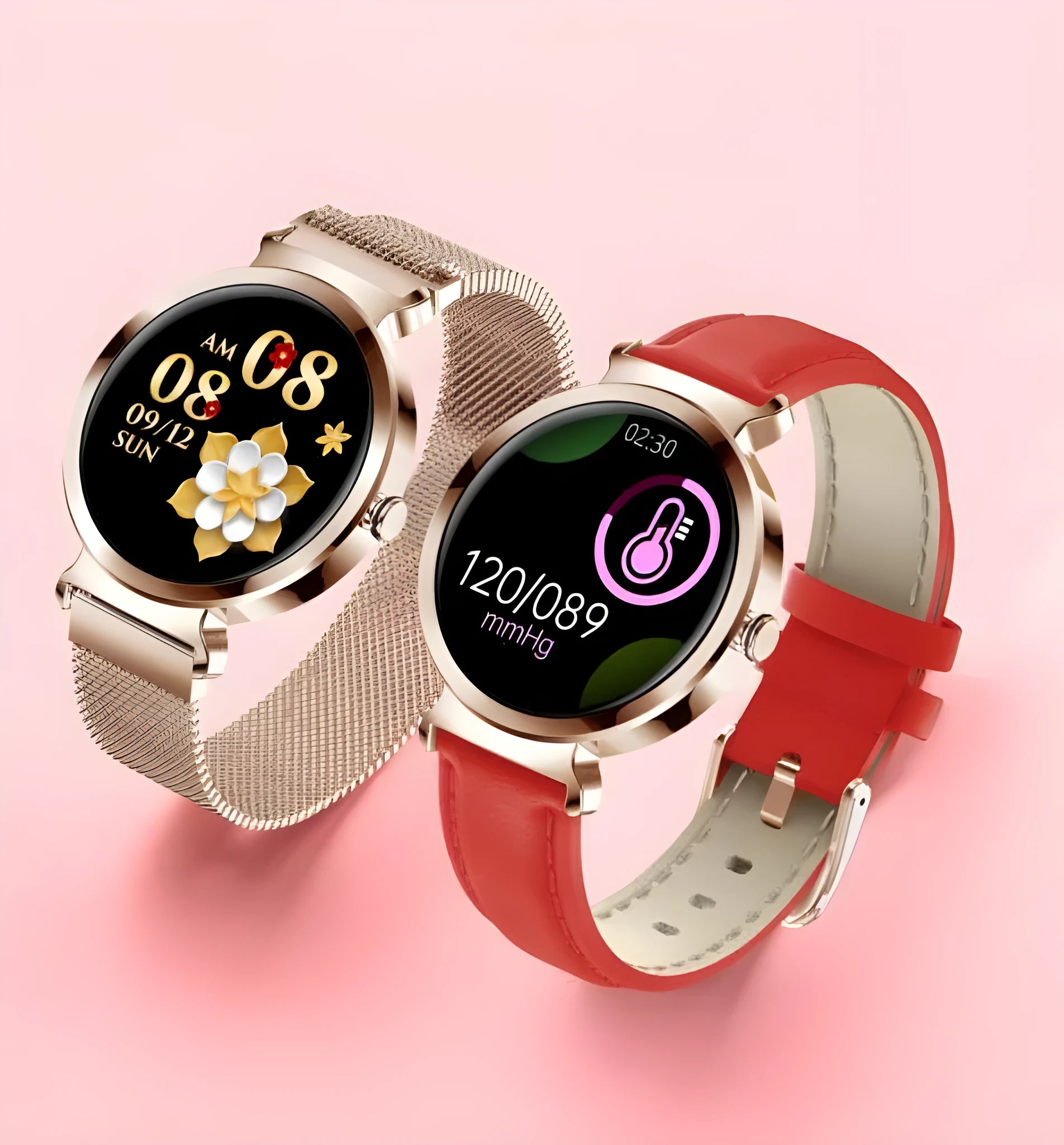 Zinc alloy smart bracelet with 1.28-inch colour touchscreen on wrist, showing gold finish option