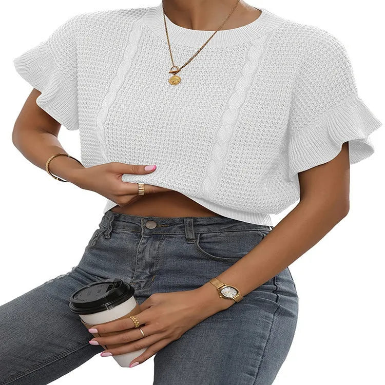 Twisted string design knitted pullover sweater with ruffle short sleeves in loose Japanese Korean casual style