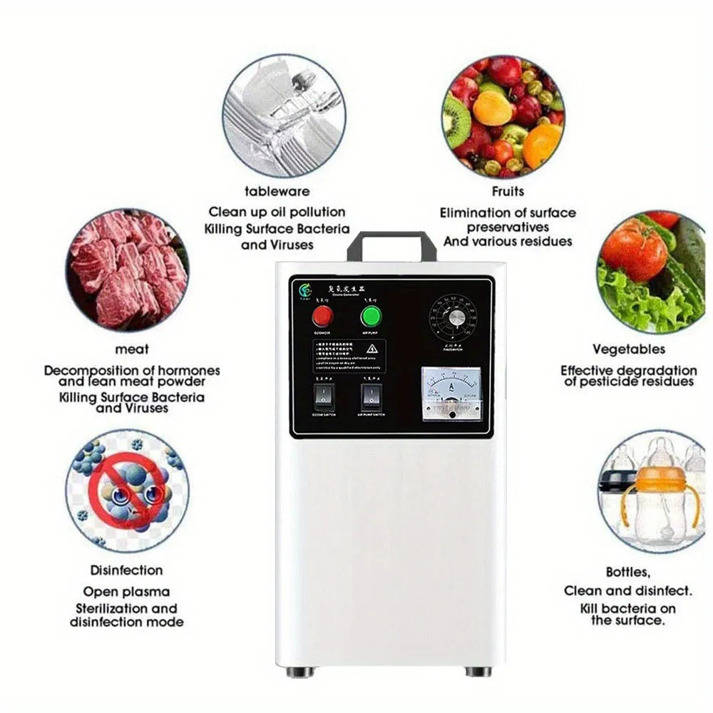 Ozone generator machine for fruit and vegetable treatment in stainless steel or white finish.