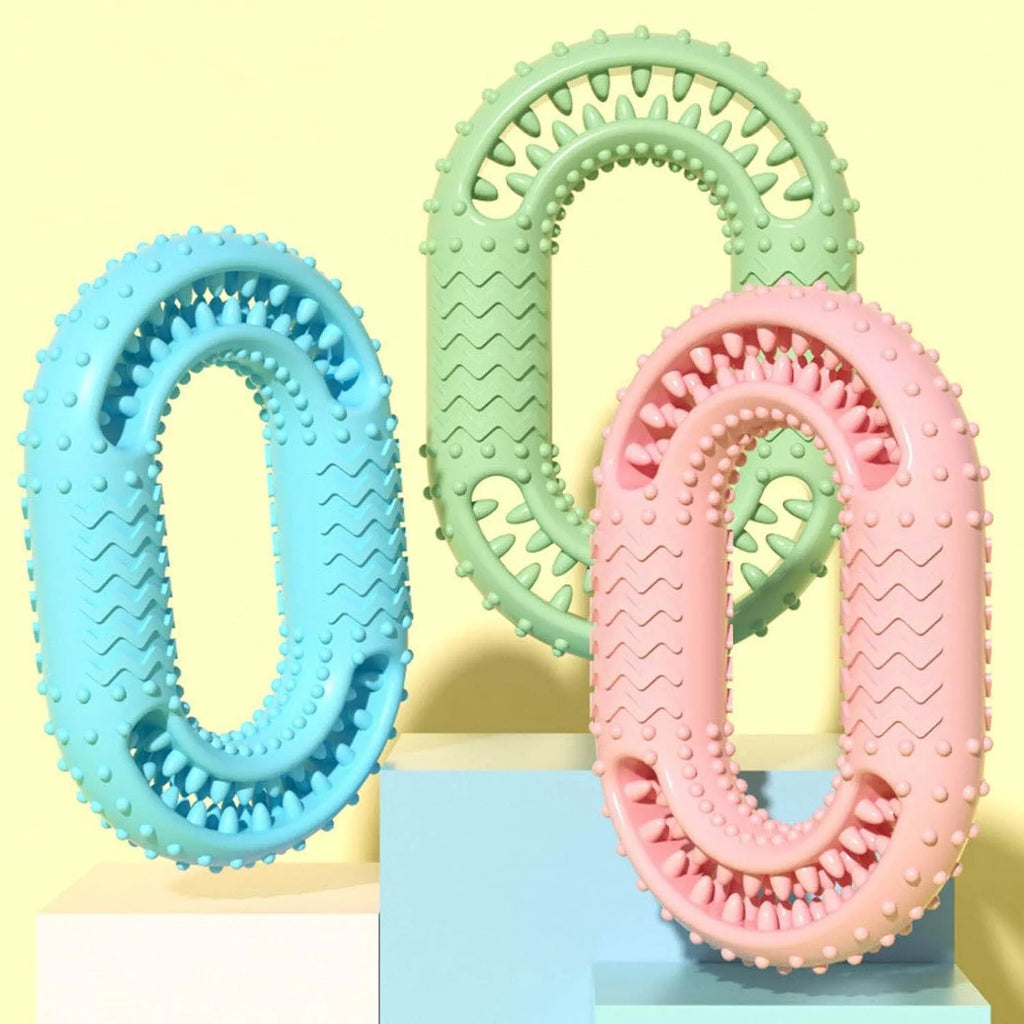 Blue O-ring shaped dog chew toy for aggressive chewers and dental care on a white background.