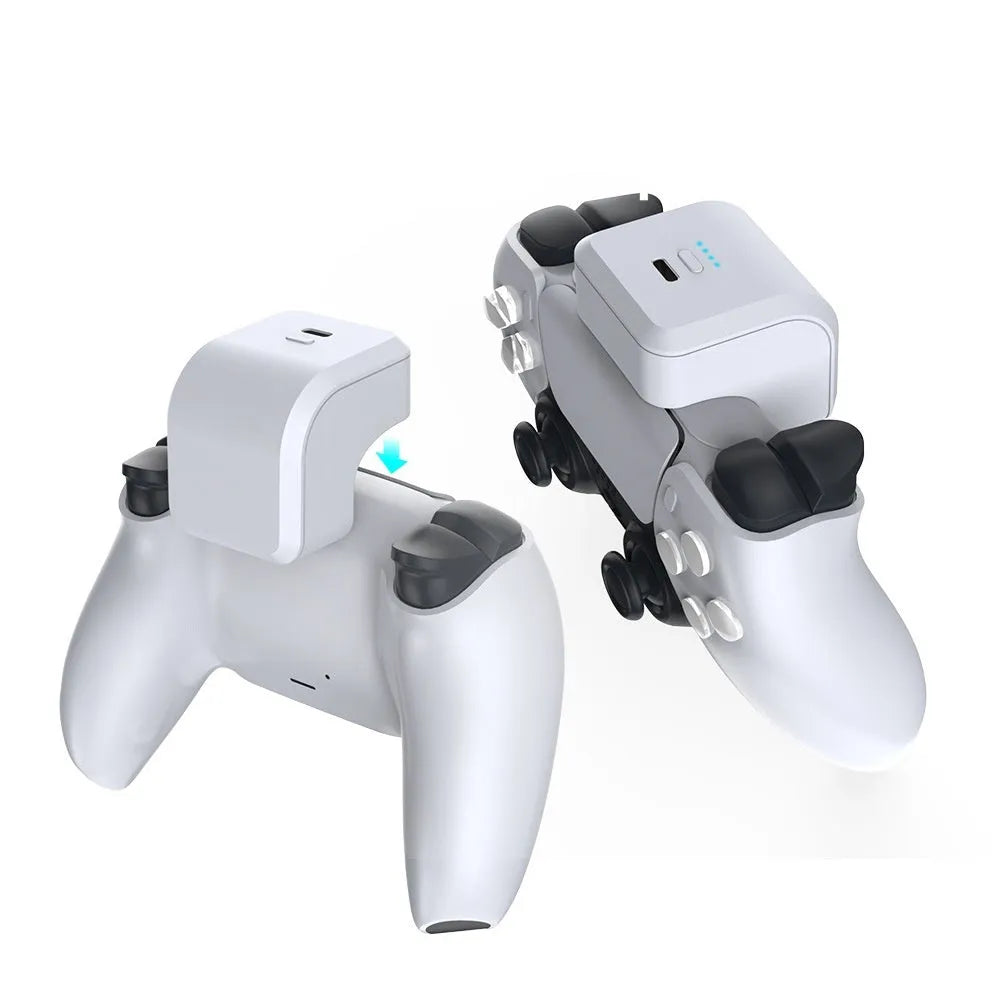 White ABS PS5 handle power bank with Type-C port and LED indicator, attached to a PS5 controller
