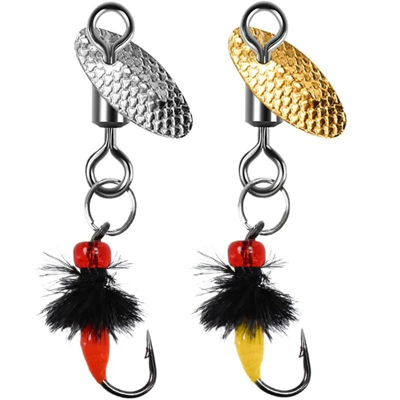 Five bionic poisonous mosquito fishing lures with spinning sequins in multicolour patterns