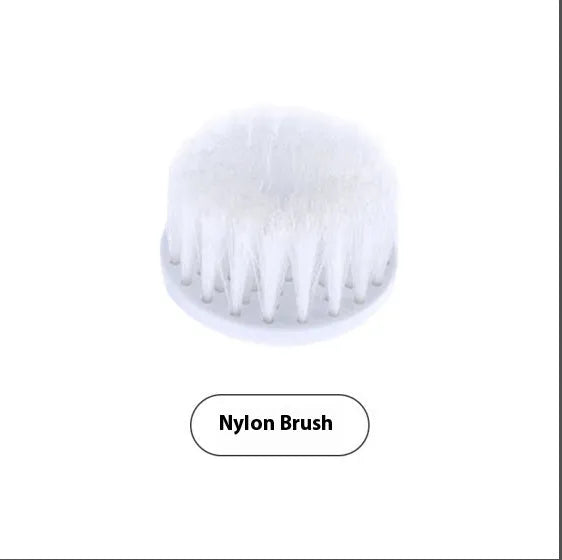 White cordless electric cleaning brush with four brush heads for shower tile and floor cleaning