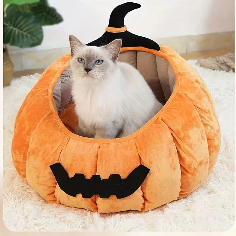 Halloween pumpkin devil design plush cat bed for cats and small dogs in orange colour