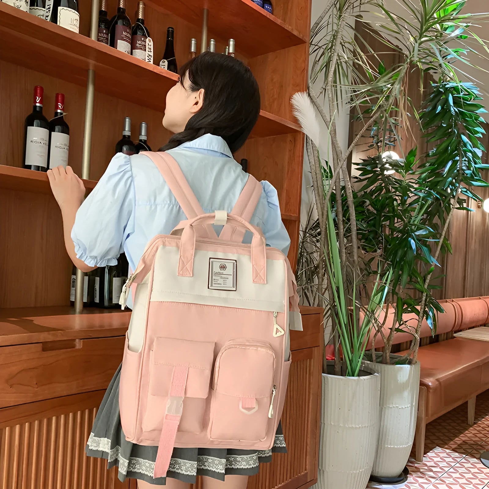 Multi-functional large capacity nylon backpack for high school, breathable with curved shoulder strap and six colour options including black and pink