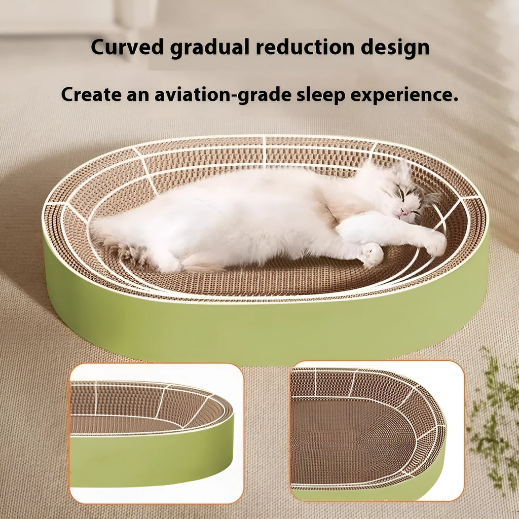 Green oval corrugated paper cat scratch board and nest bed for cats on a wooden floor.