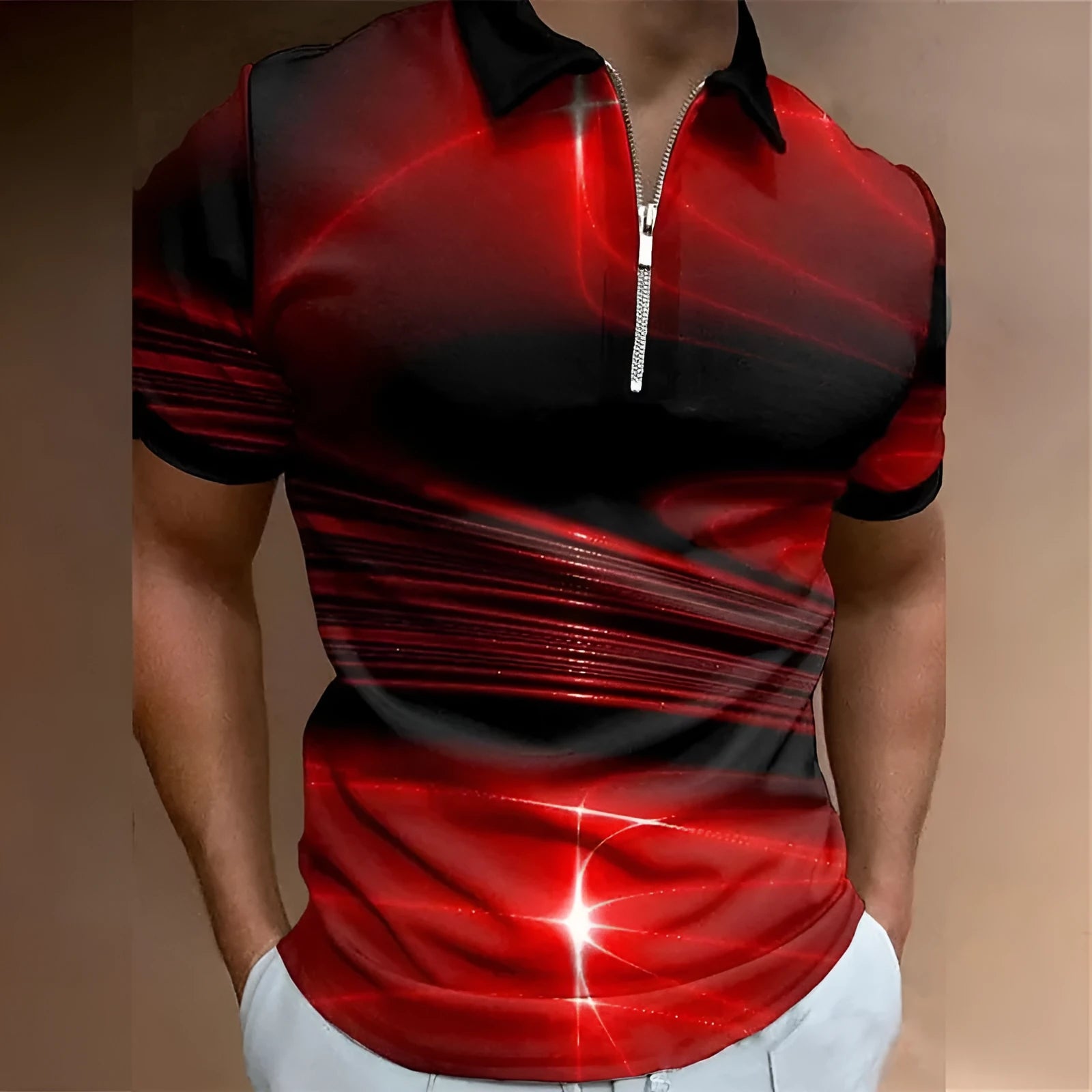 Men's blue lapel short sleeve zipper polo shirt with printing, loose fit.