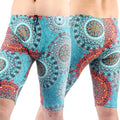 Men's green quick-drying nylon swimming trunks with loose five-point fit on a white background