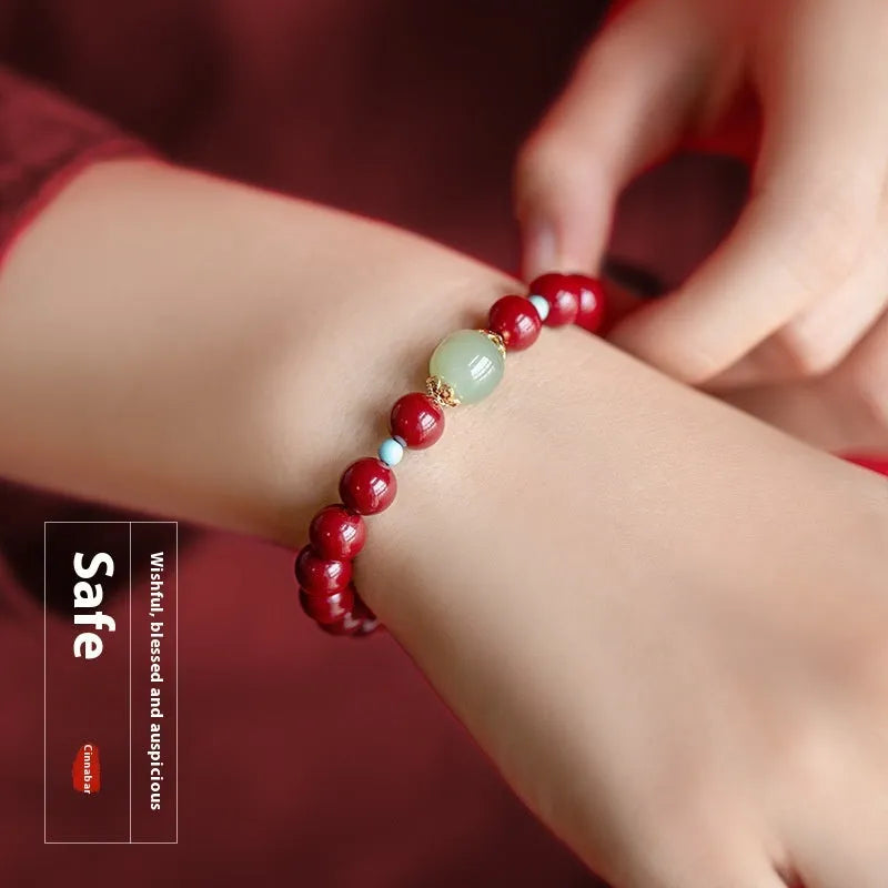 Cinnabar geometric bracelet with ellipse design in purple gold sand colour showing bead details