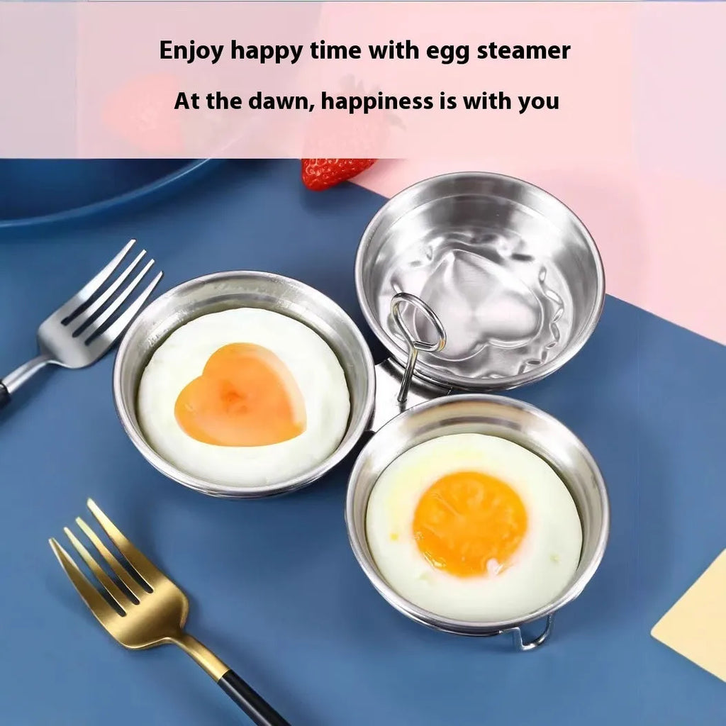 Stainless steel heart-shaped egg steamer with round mould option for compact breakfast preparation