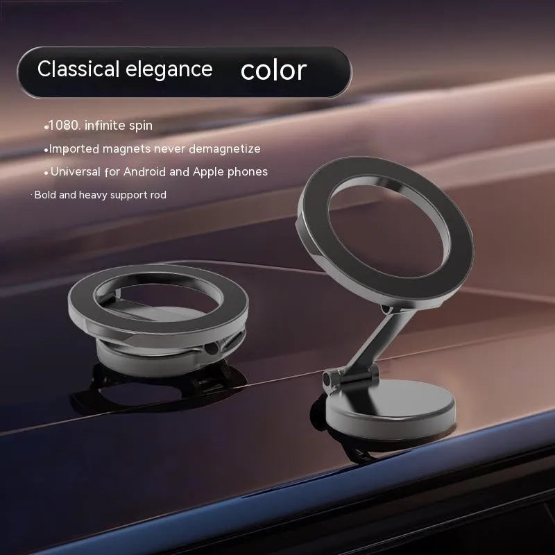 All-metal magnetic car phone mount with foldable design on car dashboard