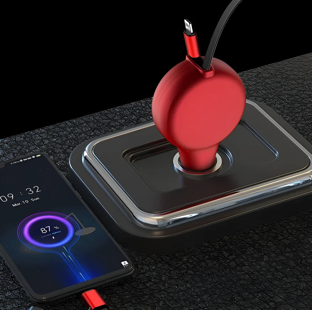 Black retractable car charger with extended cables showing USB, QC3.0, and PD charging heads