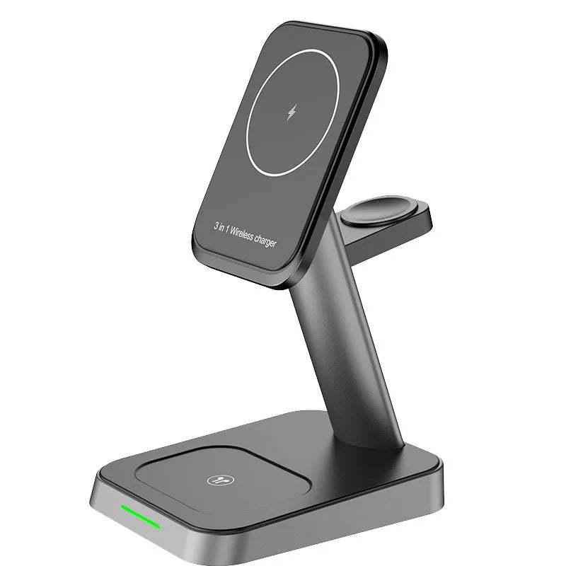 Black vertical wireless charger with phone stand and watch charging pad showing 10000mAh power bank