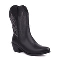 Women's black embroidered pointed toe mid-calf thick heel boots artificial PU leather