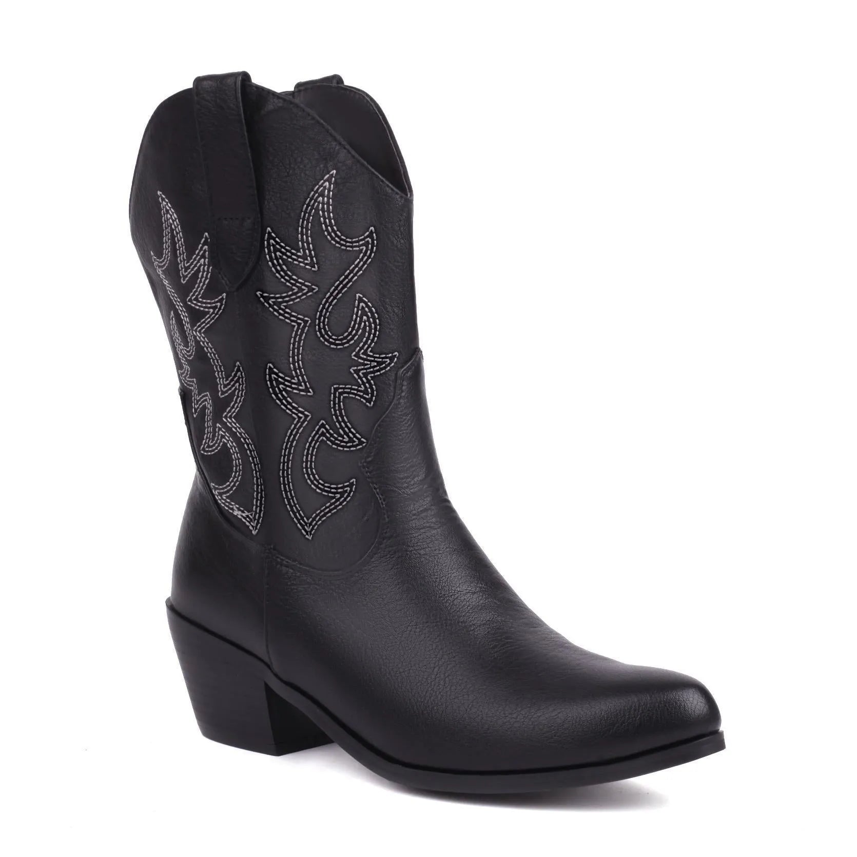 Women's black embroidered pointed toe mid-calf thick heel boots artificial PU leather