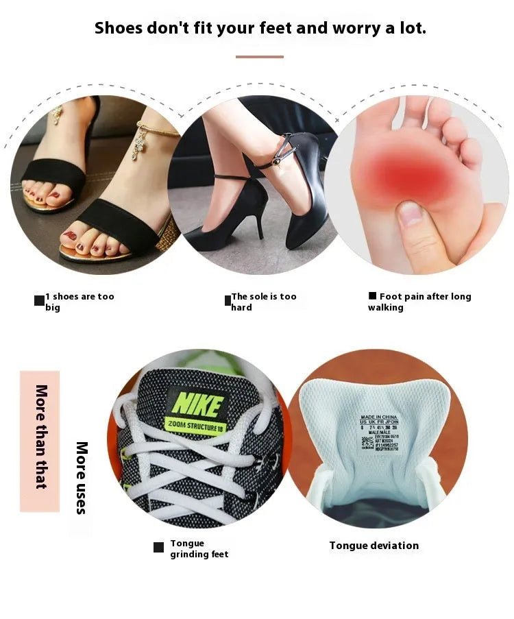 White thin felt shoe tongue stickers showing front pad design for anti-wear protection